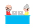 Elderly, old people, senior couple people with laptop and tablet pc, stay at home, chatting on computer with grandchildren Royalty Free Stock Photo