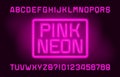 Pink Neon alphabet font. Vivid neon color letters and numbers.