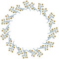Round frame for text of blue-yellow abstract flower branch with blooming buds and leaves on a white background. Cute scandinavian Royalty Free Stock Photo