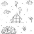 Black and white hand-drawn set in Scandinavian style from a rustic house with smoke from a chimney, potted plant, clouds, bush, fl