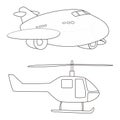 Plane and helicopter vector, Cartoon flying transport set, Coloring book pages for kids.