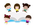 Happy cute kids jumping with book, children reading book, learning, Education Concept back to school isolated on white background Royalty Free Stock Photo