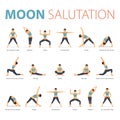 Yoga poses for Yoga at home in concept of Yoga Moon Salutation in flat design. Woman exercising for body stretching. Vector. Royalty Free Stock Photo