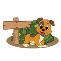 Little cute brown dog on wood sign bush vector