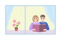 Two cartoon characters girl and boy are sitting by the window and reading a book. Print Royalty Free Stock Photo