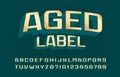 Aged Label alphabet font. 3D vintage letters and numbers in green and golden colors.