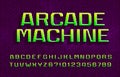 Arcade Machine alphabet font. 3D digital letters and numbers. Abstract pixel background. Royalty Free Stock Photo