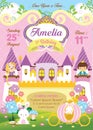 Birthday invitation card with princess and prince in the castle