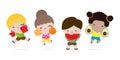 Group of Happy kids jumping and fruits, Cute cartoon children eating avocado, apple, watermelon, orange, child holding smiling