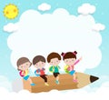 Back to school, group of cartoon Children flying on pencil, kids riding big pencil in the sky, education concept poster vector