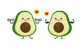 Cute happy avocado doing exercises with dumbbells and avocado show muscle. Eating healthy food and fitness, Funny fruit character