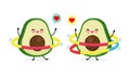 Cute cartoon avocado couple doing exercises with hula hoop. Weight loss concept, Eating healthy food and fitness, Funny fruit Royalty Free Stock Photo