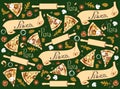 Pattern with pizza pieces on dark green background Royalty Free Stock Photo