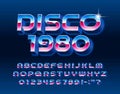 Disco 1980 alphabet font. Glowing 3D letters and numbers in 80s style.