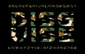 Disguise alphabet font. Camouflage letters and numbers on a dark background.