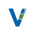 Letter V Pill or Capsule Logo Design. Alphabet Geometric Medicine Vector Graphic Icon Royalty Free Stock Photo