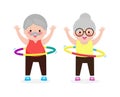 Cute cartoon Senior couple doing hula hoop, elderly people exercises with hula hoop, old person playing hoola hoop, Weight loss