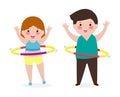 Cute cartoon people couple doing hula hoop, man and woman exercises with hula hoop, person playing hoola hoop, Weight loss concept Royalty Free Stock Photo