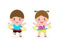 Cute cartoon kids exercises with hula hoop. Children playing hoola hoop, Weight loss concept, healthy food and fitness, Funny