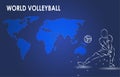 Silhouette of volleyball player with World map blue background. Vector drawn by color lines, bones and joints.