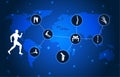 Medical infographic orthopedic. Human silhouette in motion with World map Royalty Free Stock Photo