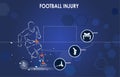 Medical infographic orthopedic. Human silhouette in football motion injury of pelvic, knee and foot.