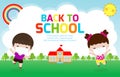 Back to school for new normal lifestyle concept. happy kids jumping wearing face mask protect corona virus or covid 19, template