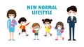 Back to school for new normal lifestyle concept. happy students kids and teachers wearing face mask protect corona virus