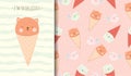 Cute bear in ice cream cone cartoon card and seamless pattern Royalty Free Stock Photo