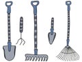 Hand-drawn set of garden tools. Collection of rakes, shovels, pitchforks and trowels on a white background. Isolated clipart.