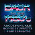 Back to the 1980s alphabet font. Glowing 3D letters and numbers in 80s style.