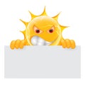 Evil Summer Sun Emoticon. Angry Sun Emoji with Banner Template.