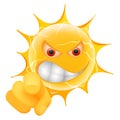 Evil Summer Sun Emoticon. Angry Sun Emoji is pointing at you. Royalty Free Stock Photo