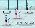 Social distance in New normal Concept, People men and women Exercising and have a medical face mask live at Fitness GYM. Royalty Free Stock Photo