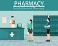 Social distance in New normal Concept, People men women and pharmacist wearing medical face mask live at Pharmacy.