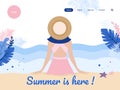 Summer is here! Summer landing page design with girl sitting on beach sand Royalty Free Stock Photo