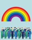 NHS hospital staff wearing face masks, standing below a rainbow