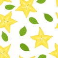 Star fruit seamless pattern. Yellow sliced carambola and green leaves of tropical fruit