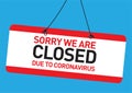 Sorry we are closed due to coronavirus shop sign in window Royalty Free Stock Photo