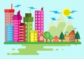 Town and village with blue sky illustration in flat. Royalty Free Stock Photo