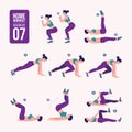 Home workout set. Set of sport exercises. Exercises with free weight.Illustration of an active lifestyle. Woman doing fitness and