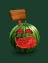 Fresh Juicy Watermelon with Happy cut out Face. Realistic Watermelon with pulp, seeds and wooden sign. Summertime illustration.