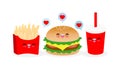 Cute cartoon Happy hamburger, french fries, Cola, set of fast food menu. Funny characters Best friends forever Concept food Royalty Free Stock Photo