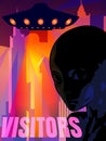 Alien visitor come to city, UFO, alien and cityscape. Vector image