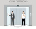 Social distancing. keep your distance in New normal Concept,People men and women wearing medical face are using elevators.