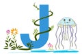 Letter J with green grass vines and cute Jellyfish