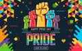 Pride day banner with retro background design. Colorful Rainbow LGBT rights campaign. Happy Pride day parade. Love is love.