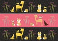 Colorful forest animal natural repeating pattern with brown and pink background with dots. Wild forest animal with flowers, twigs.