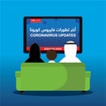 Illustrations depicting an Arab family in traditional Gulf-region dress Mother, Father & Son watching the latest news. Royalty Free Stock Photo