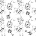 Alice in Wonderland cute clock and Cheshire cat monochrome sketch objects set seamless pattern